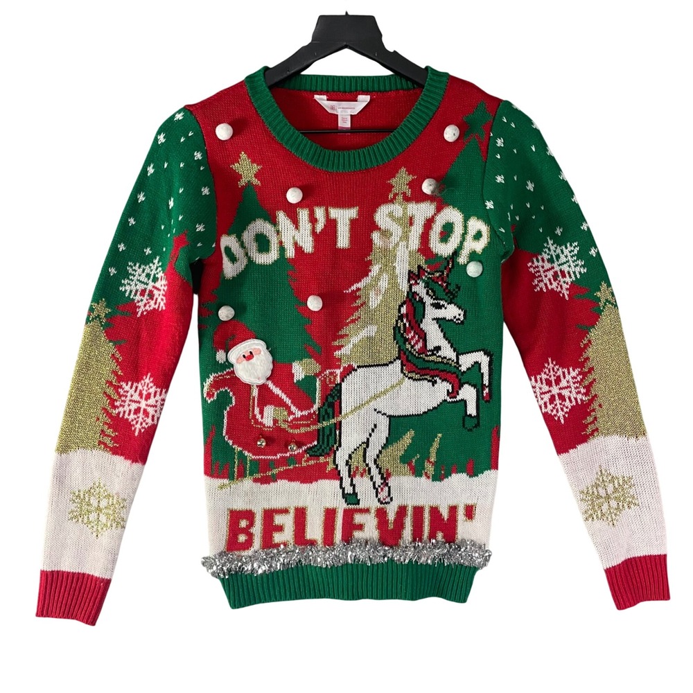 No Boundaries Womens XS Ugly Christmas Sweater Unicorn Santa Dont Stop Believin